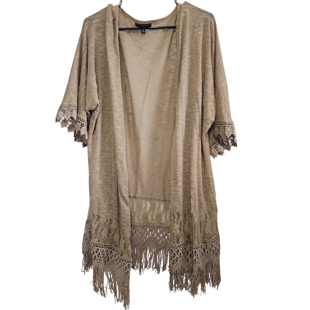 Signature Studio Plus Size Tan Lace Crochet Fringe Open Front Cardigan Kimono 3X